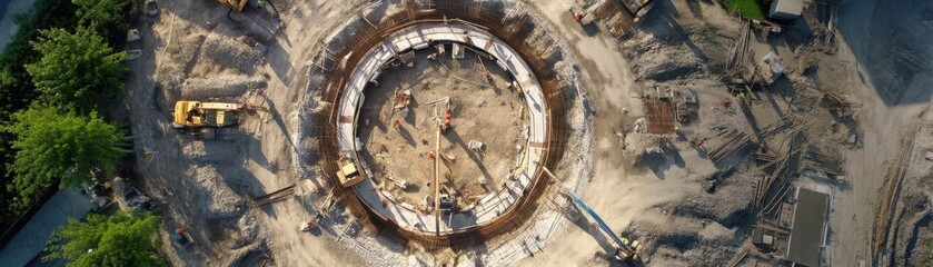 Fototapeta premium Bird s eye view of synchronized construction work forming a perfect circle from above