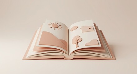 An antique open book with a blank page and bookmark rests on a wooden background, perfect for education or literature