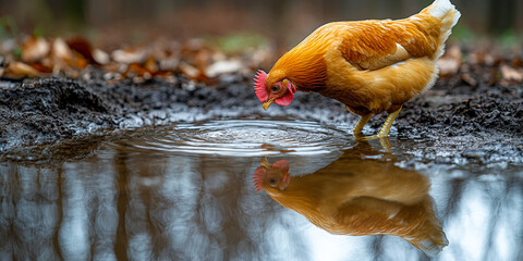 Chicken drinking from puddle while exploring a forested area during daytime