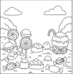 Set of seamless pattern vector illustrations of cake and candy world icons with fairy tale world imagination