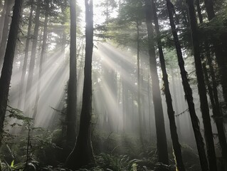 Obraz premium A dense foggy forest with sun rays peeking through trees