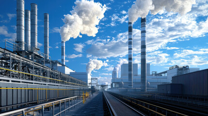 Obraz premium Photorealistic image of coal fired power plant with smoke stacks and blue sky, showcasing industrial architecture and energy