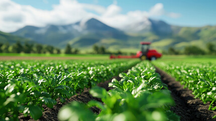 Vibrant landscape featuring rows of green crops with tractor in background, showcasing beauty of agriculture