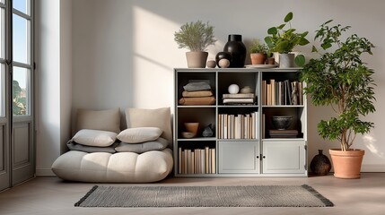Modern light blue shoe cabinet with beige cushions and open bookcase decor, ideal for home staging blogs, furniture branding, and minimalist lifestyle content. 