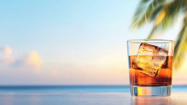 Refreshing glass of arrack with ice cubes sits against serene beach backdrop, evoking sense of relaxation and tranquility