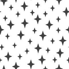 Seamless pattern of black four-pointed stars on white background. Simple geometric star design.