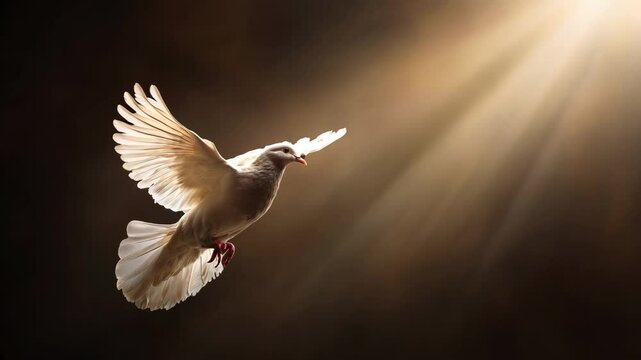 Flying dove symbolizes divine support and highlights significance of international day of peace in serene setting