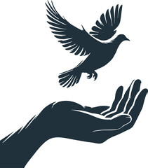 Silhouette of hand releasing dove
 vector isolated on white background