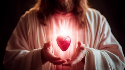 In a close-up view, Jesus cradles a radiant heart in his hands, embodying divine love and compassion