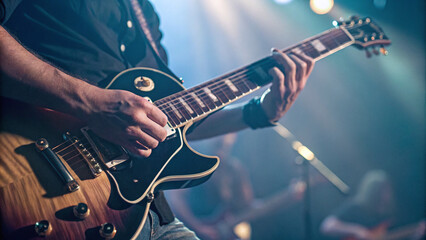 Obraz premium guitarist’s hands playing an electric guitar in the concert soft light ambient