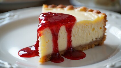 Macro of a slice of cheesecake topped with raspberry sauce, on a ceramic plate