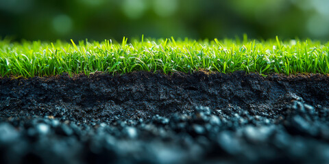 Detailed close-up of lush grass and rich soil layers showcasing nature's textures and colors in an outdoor setting during daylight