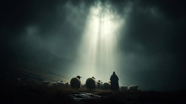 Shepherds gaze at a shining angel in the dark sky above their flock during dawn in a misty field

