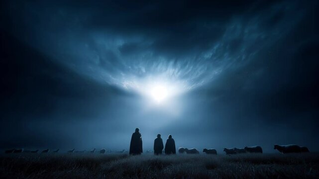 Shepherds observing a radiant angel in the sky while tending to their flock in a tranquil field at night

