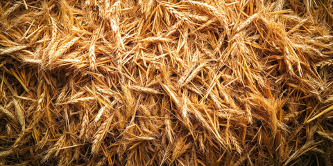Golden wheat stalks cover the ground during harvest time in a rural field under bright afternoon sunlight