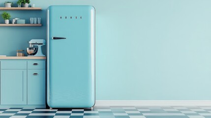 Retro blue fridge surrounded by floating shelves and checkerboard floors under soft kitchen lighting