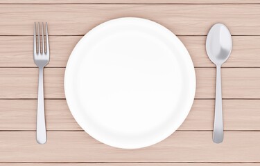 3Dイラスト_皿とカトラリー_木のテーブル