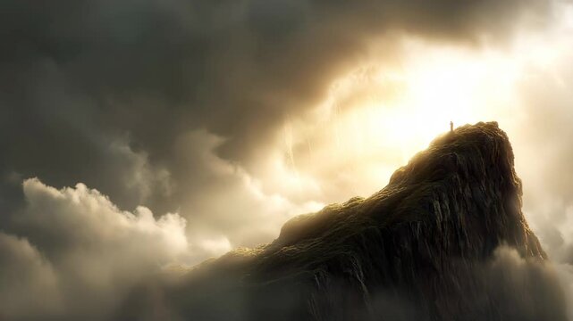 Transfiguration of Jesus on a mountain top surrounded by glowing aura and dramatic clouds
