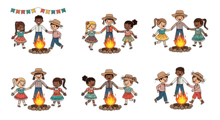 Bonfire celebration with children dancing in a circle during Festa Junina in vector style on a white background