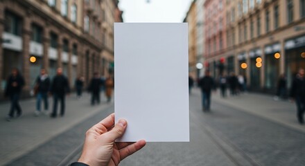 Holding a Blank Sheet of Paper in City Street with People Walking