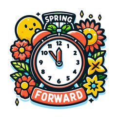 Colorful spring-themed clock with flowers and sun illustration  