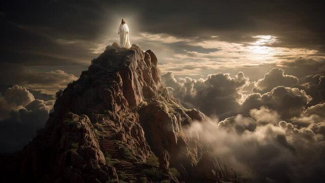 Transfiguration of Jesus with glowing aura atop mountain peak amidst dramatic cloudscape

