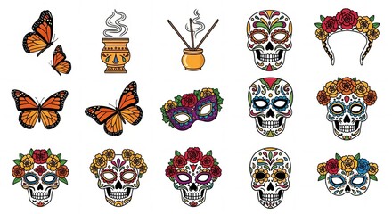 Vector icons representing Dia de los Muertos elements including butterflies, incense burners, skull masks, and flower crowns on white background