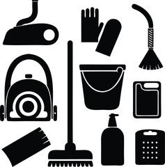 Silhouette vector collection of household cleaning tools including vacuum, mop, bucket, gloves, brush, detergent bottle, sponge, and dustpan isolated on white for home hygiene and janitorial design