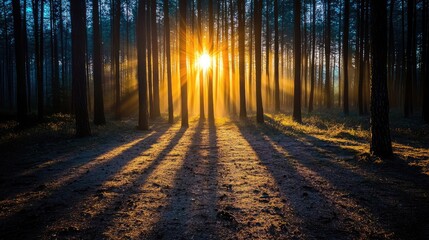 Naklejka premium A glowing torchlight casting long shadows across a foggy forest floor at twilight