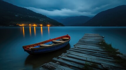 A rustic fishing boat illuminated by dock lights, resting beside an old wooden pier at night