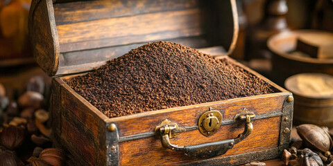 Luxurious still life featuring a wooden chest overflowing with rich coffee grounds surrounded by assorted nuts and spices