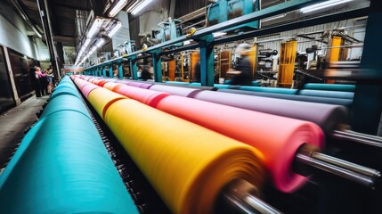 Colorful fabric rolling through a textile factory machine, textile workers monitoring operations, motion blur for action   clothing industry concept