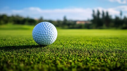 晴天のゴルフ場とクローズアップされたゴルフボール