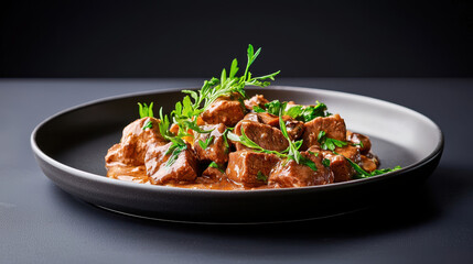 Fototapeta premium Delicious plate of beef stroganoff garnished with fresh herbs, showcasing rich flavors and textures