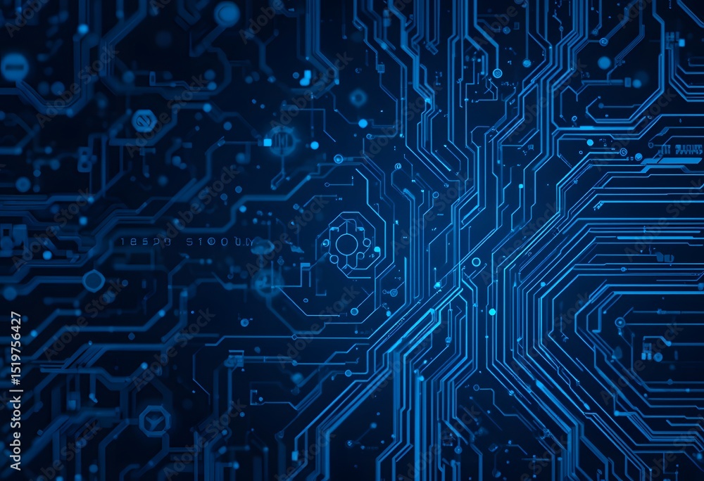 Poster digital technology background, featuring glowing circuit patterns, clean lines, and dark blue and ne