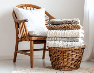 Cozy Scandinavian bedroom corner with a rattan armchair and a knitted throw blanket. Natural woven basket on a jute rug, soft daylight filtering through sheer white curtains. Warm, minimalist interior