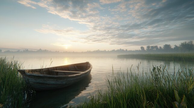 Rowboat-style fishing vessel resting on a lake at dawn with light mist hovering over the water