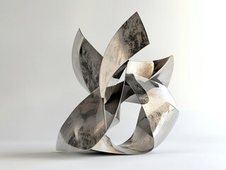 A modern abstract sculpture with an isolated avant-garde silver background