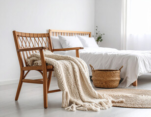 Cozy Scandinavian bedroom corner with a rattan armchair and a knitted throw blanket. Natural woven basket on a jute rug, soft daylight filtering through sheer white curtains. Warm, minimalist interior