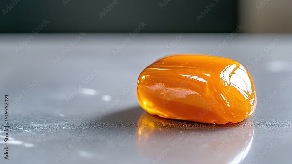 Poster a close-up of a nugget of caramel resting on a simple gray surface, with light reflecting off its sm