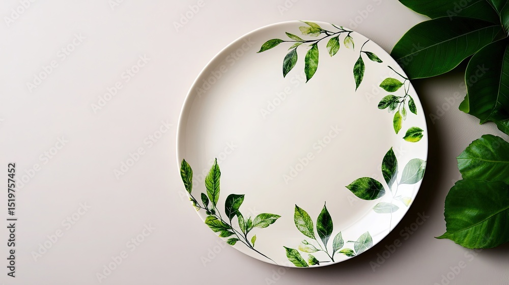 Poster a decorative plate featuring a modern botanical design, with plenty of empty space surrounding it on