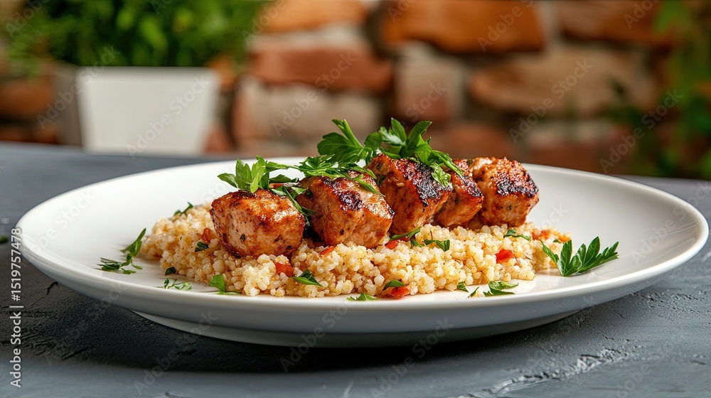 Poster A delicious Adana kebab served with bulgur on a clean plate, with a subtle shadow and ample empty space around it. 