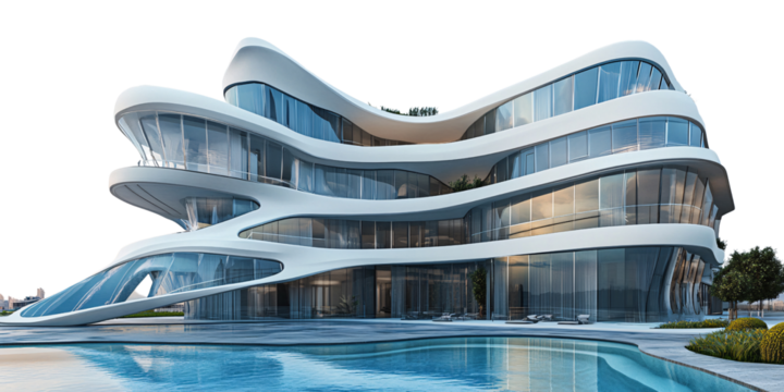 Modern futuristic villa with swimming pool showcasing luxury architecture and innovative design Exterior view of contemporary home with curved lines and glass windows
