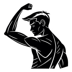 Strong muscular man flexing bicep black and white illustration