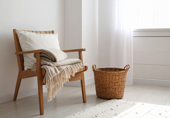 Cozy Scandinavian bedroom corner with a rattan armchair and a knitted throw blanket. Natural woven basket on a jute rug, soft daylight filtering through sheer white curtains. Warm, minimalist interior