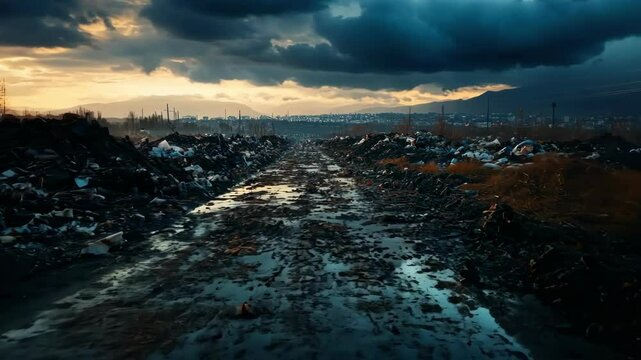 Devastating pollution landscape with garbage and dramatic stormy sky, waste, environment disaster and environmental impact with city in background.