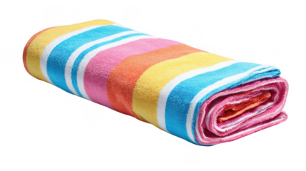 Vibrant beach towel with colorful stripes rolled up, perfect for summer days at the beach or pool, isolated on a transparent background for easy integration into designs