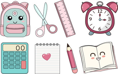 vector kawaii student essentials, school supplies 