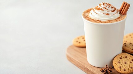 Delicious autumnal pumpkin spice latte in a takeaway cup with whipped cream, cinnamon stick, and shortbread cookies. Cozy fall beverage concept.