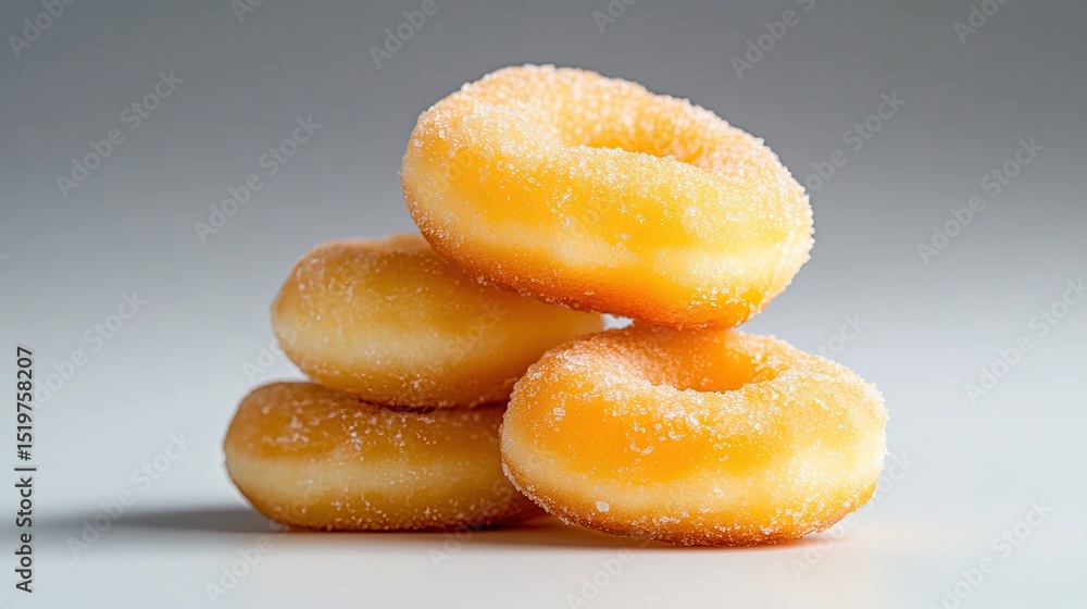 Poster a group of assorted mini donuts, neatly arranged on a plain background with ample negative space.